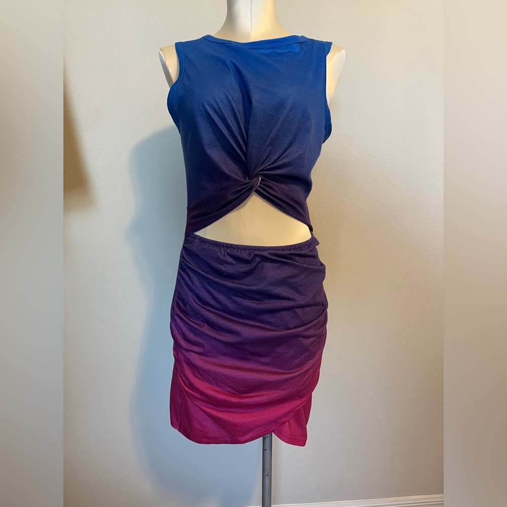 Tie Dye Purple Red sleeveless crewneck cutout twist slim wrap mini dress